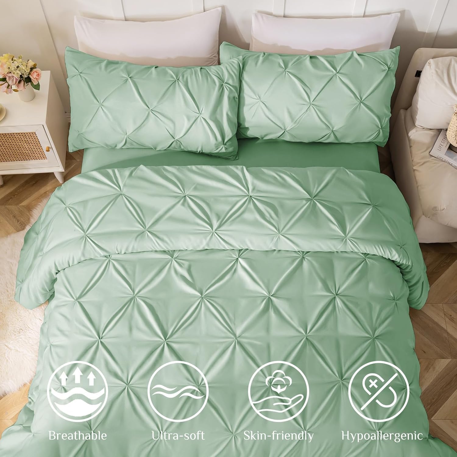 JOLLYVOGUE Queen Comforter Set 7 Pieces - Bed in a Bag Queen for All Season, Pintuck Bedding Comforter Sets with Comforter, Flat Sheet, Fitted Sheet and Pillowcases & Shams, Sage Green - Image 2
