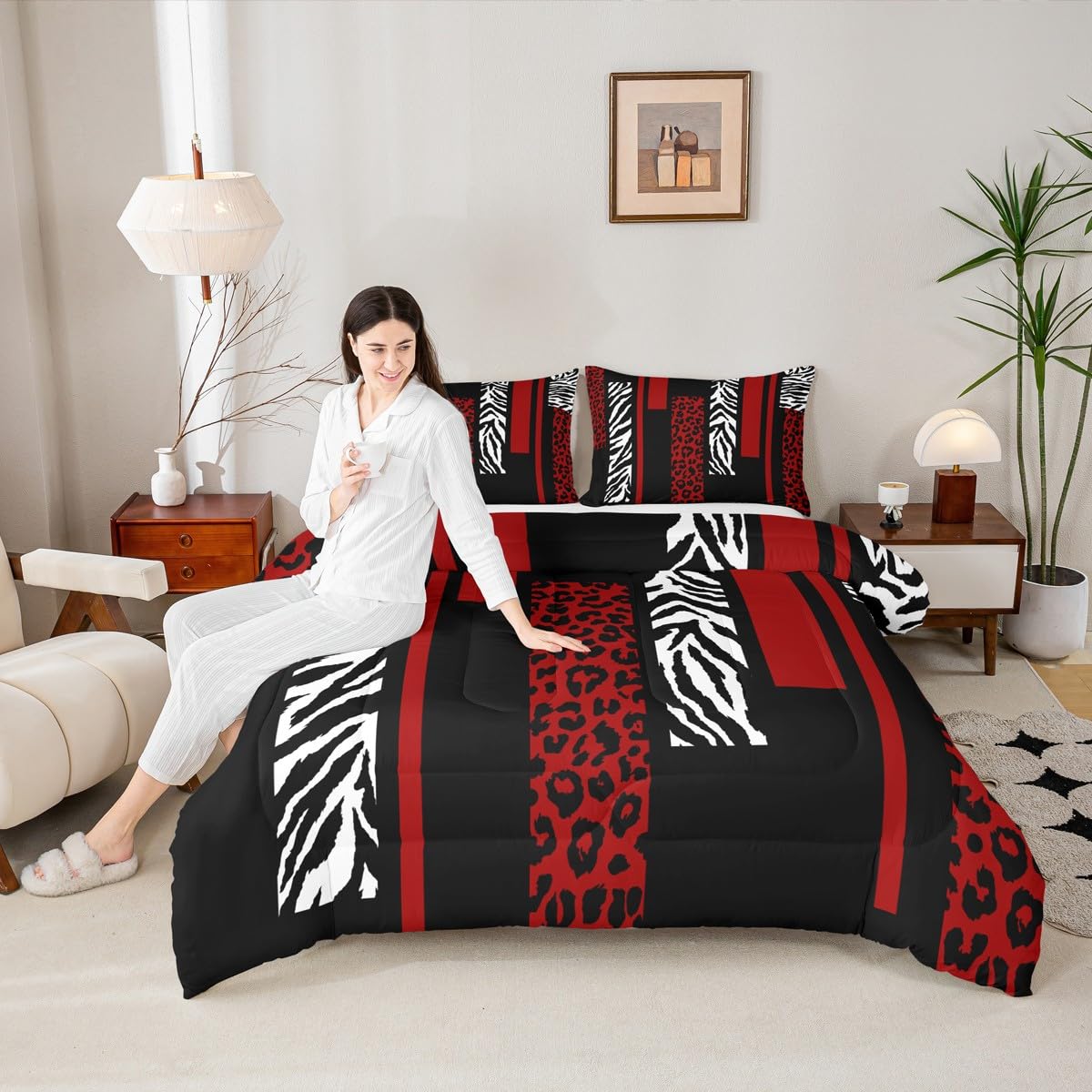 Leopard Print Comforter Set King Size,Zebra Skin Stripes Rustic Farmhouse Bedding Set,Girls Women Room Decor,Geometric Square Patchwork Down Comforter,Red Black Fashion Duvet Insert,2 Pillowcases