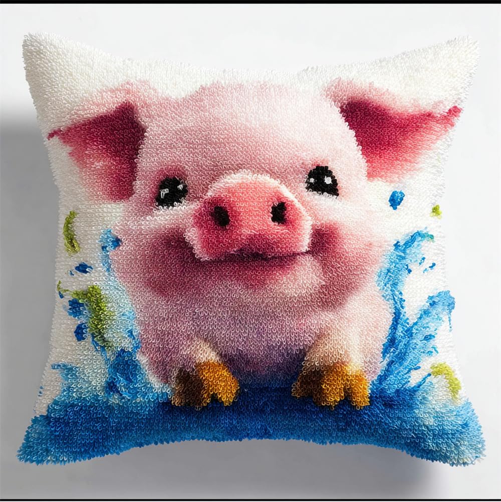 Henypt Latch Hook Cushion Kits for Adults, Cute Pig Latch Hook Pillow Case Kits Embroidery Kits 17X17Inch, DIY Needlework Pillow Cover Sofa Cushion Rug Making Kits, DIY Craft Kits 43X43 Cm - Pillow