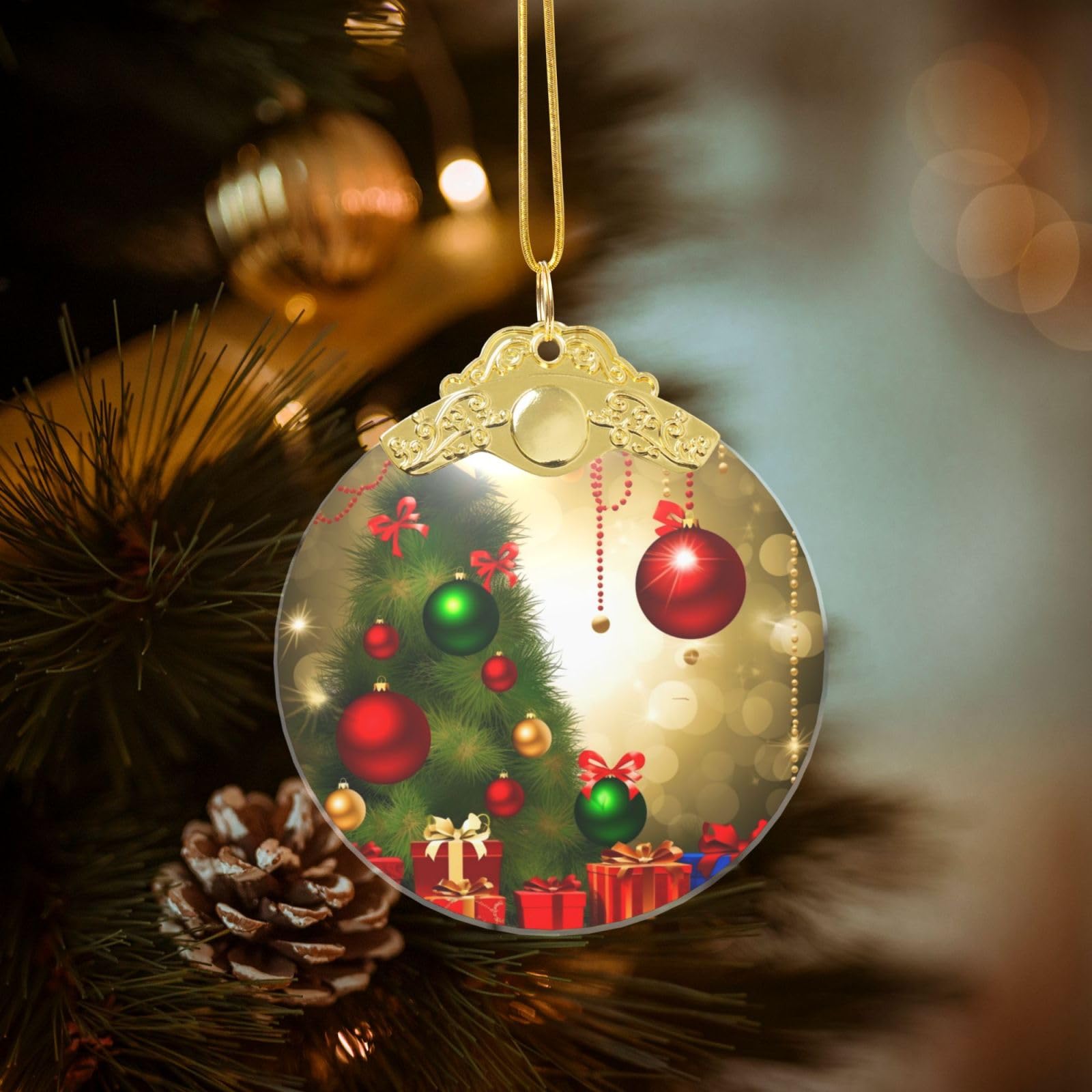 Crystal Christmas Ornaments for Christmas Tree Decoration Hanging Merry Christmas Ornament with Gold Ribbon Crafts Round Pendant for Keepsake Gifts Glass Xmas Decor Party Supplies