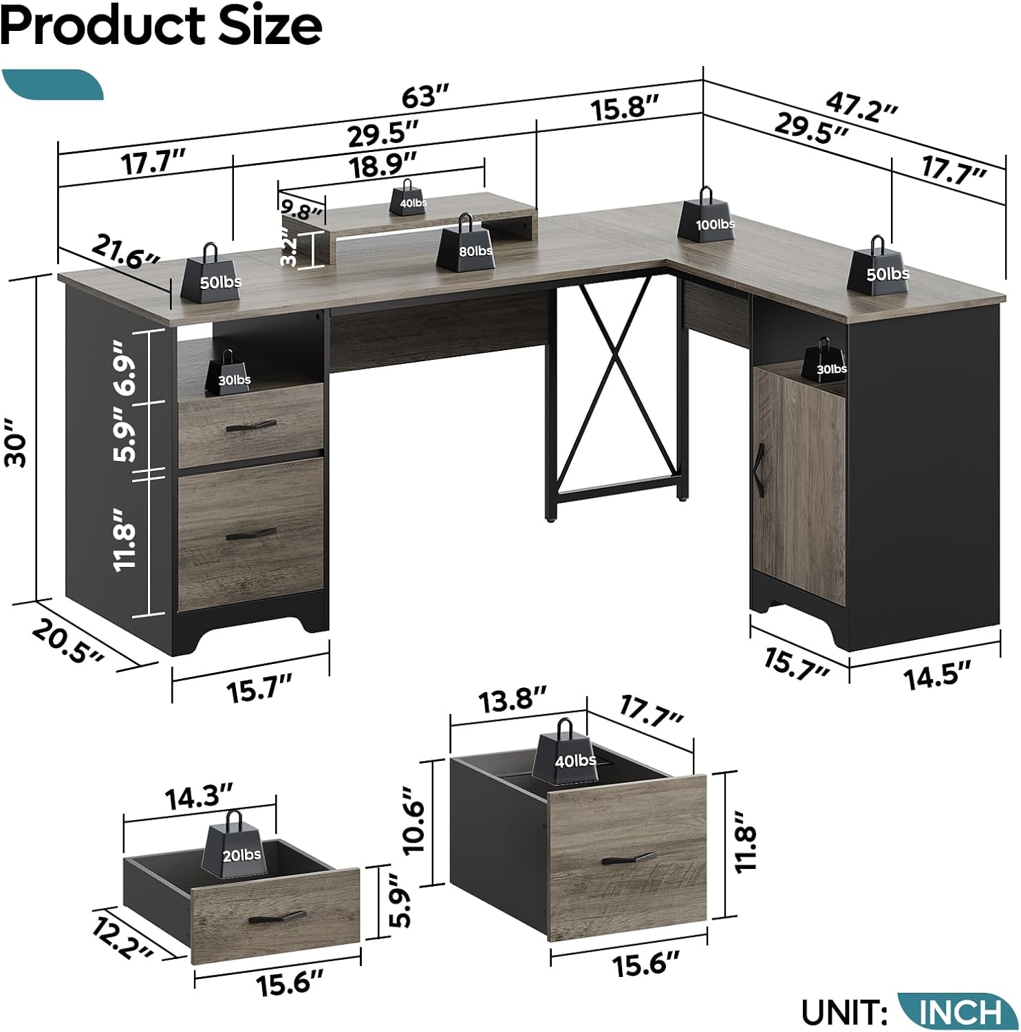 Diagram illustrating the smart storage solutions with file drawers compatible with Letter, Legal, and A4 sizes.