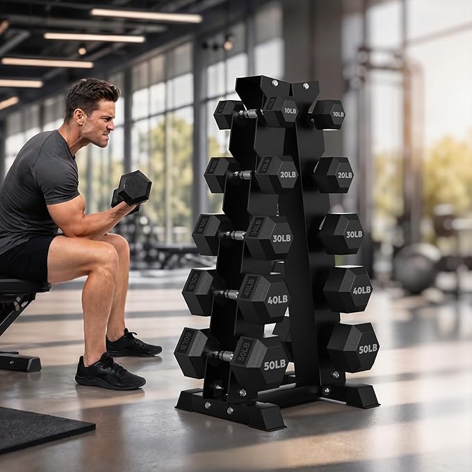 HANDBODE Rubber Coated Hex Dumbbell Set with A-Frame Rack, 100 lb - 600 lb Multiple Options Weight, Hexagon Non-Rolling Shape, Ergonomic Knurled Handle, Home Gym Equipment for Strength Training