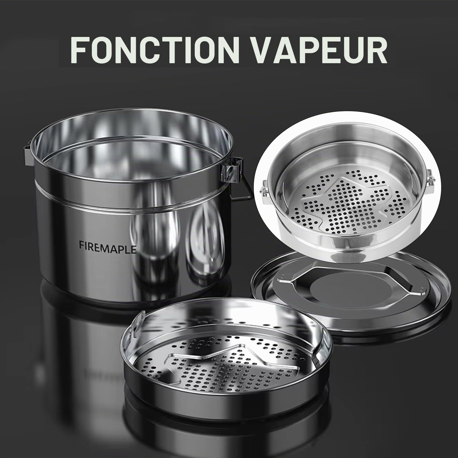 Fire-Maple Antarcti Pot de Camping en Acier Inoxydable 1,8L avec Panier Vapeur – Poignée Pliable pour Feu de Camp