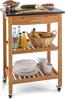 KLARSTEIN Tennessee - Carrello Portavivande, 3 Ripiani, cassetto, superfici di appoggio, Superficie in Pietra, 4 rotelle di Gomma, Due Freni di stazionamento, Legno Marrone Scuro