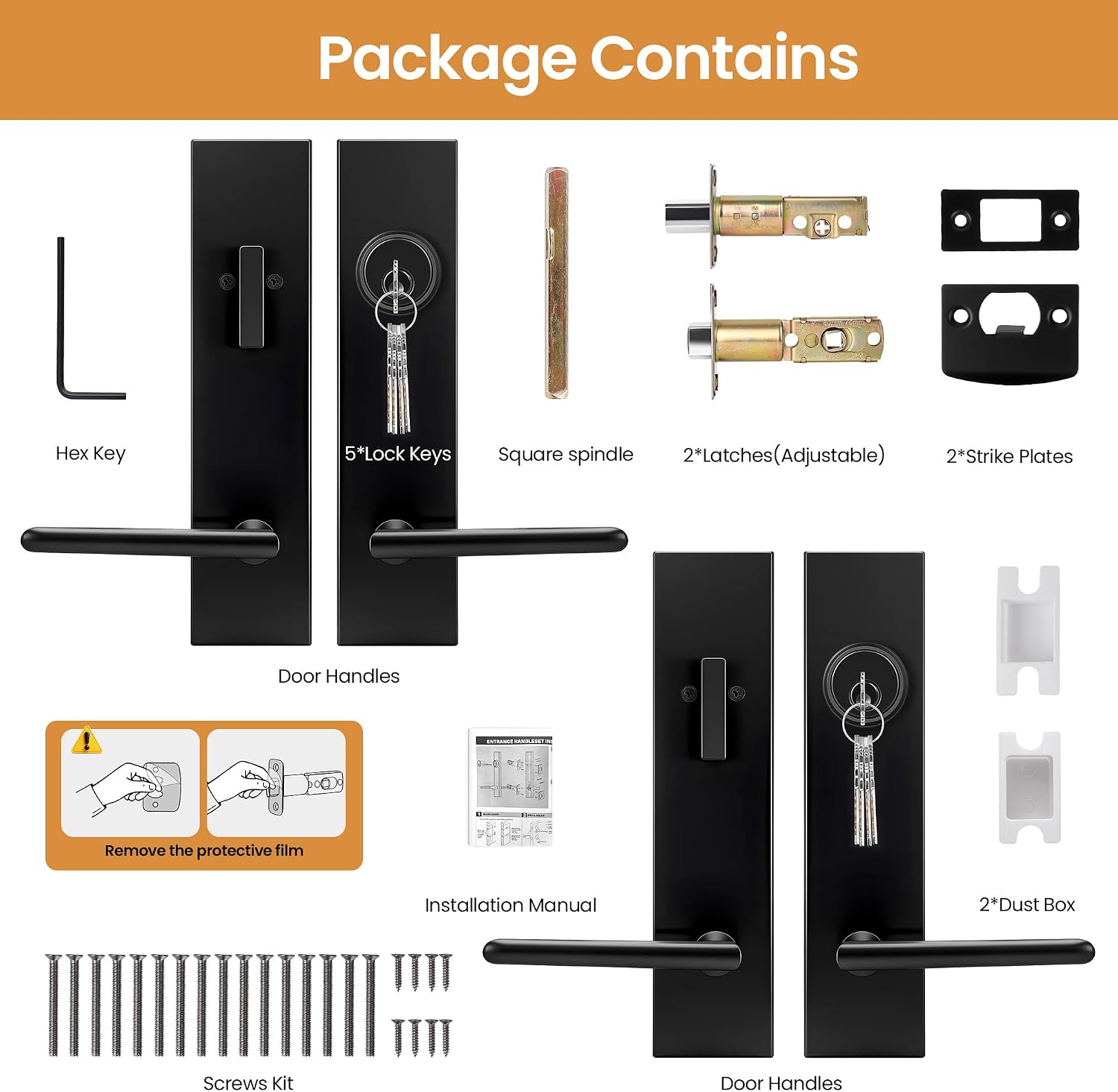 Double Front Door Lock Set, Matte Black Double Door Handle Set, Heavy Duty Double Door Handle with Dummy, Black Double Entry Door Lock Set