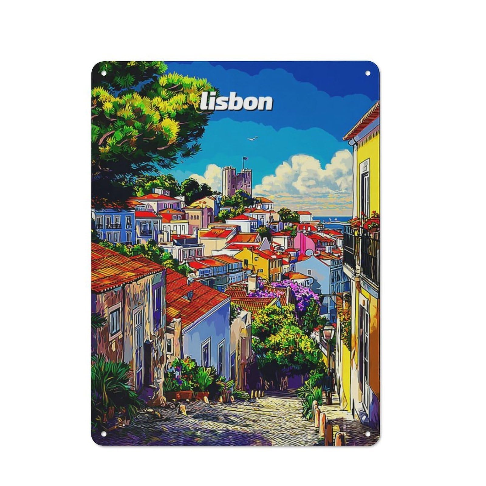 Junmoney Colorful Lisbon Streetscape -2 Decorative Tin Sign With Design 40X30cm, Farmhouse Cottage Wall Art For Farmhouse Kitchen, Pantry Or Dining Area