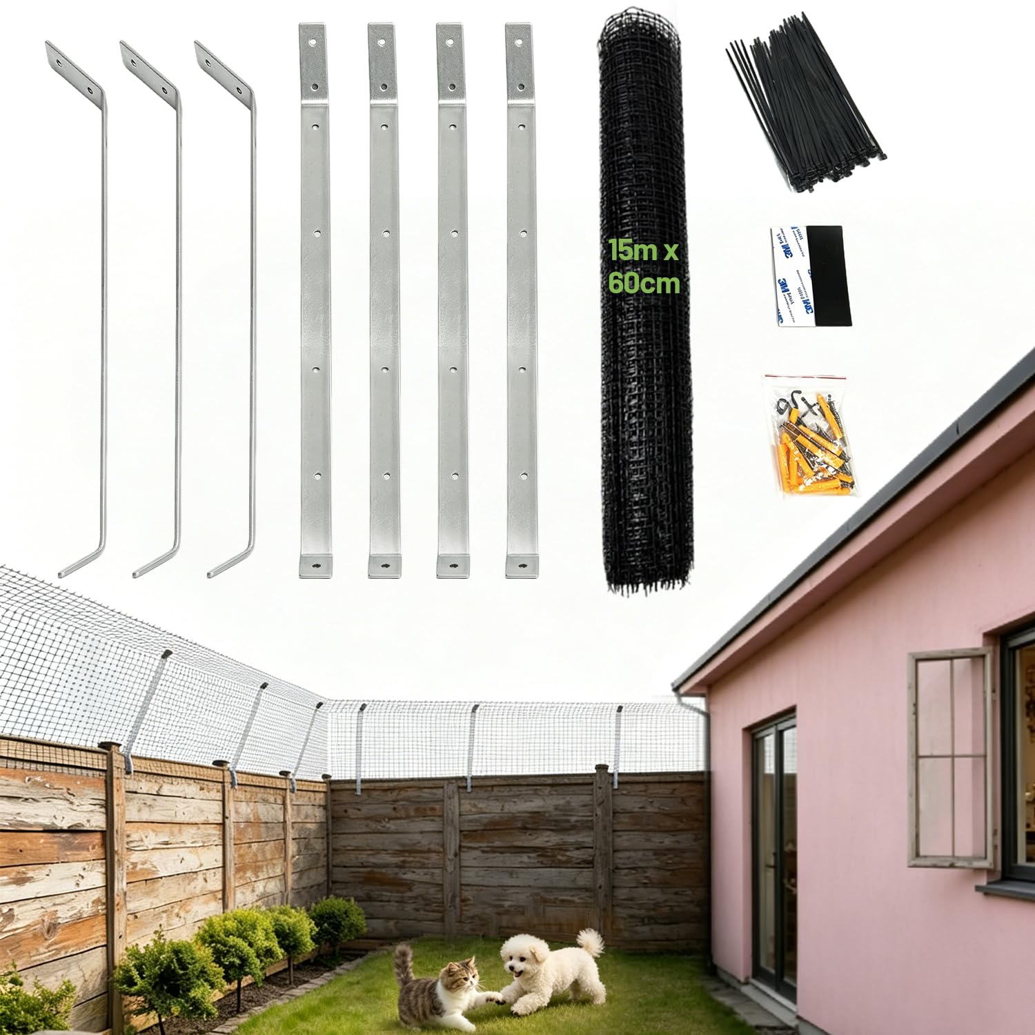 Warmfay Katzensicherer Zaun Anti Kletter Barriere, Sicheres Outdoor Katzenzaun Set mit Maschengewebe & Überhanghalterungen, Wetterfestes Garten Catio-Einzäunungsset für Katzensicherheit & Schutz (15M)