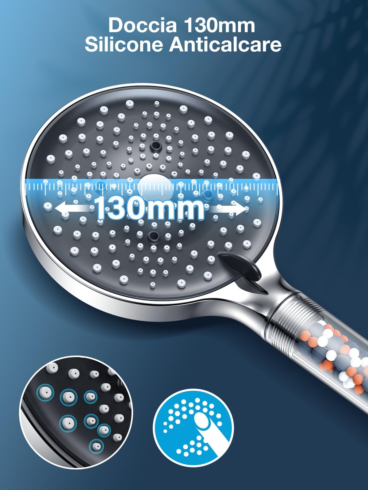 Soffione Doccia con Tubo 1,6M, YEAUPE PRO Soffione doccia con anticalcare con 6 tipi di getto, alta pressione risparmio idrico, doccino per doccia grande (130 mm), cromato
