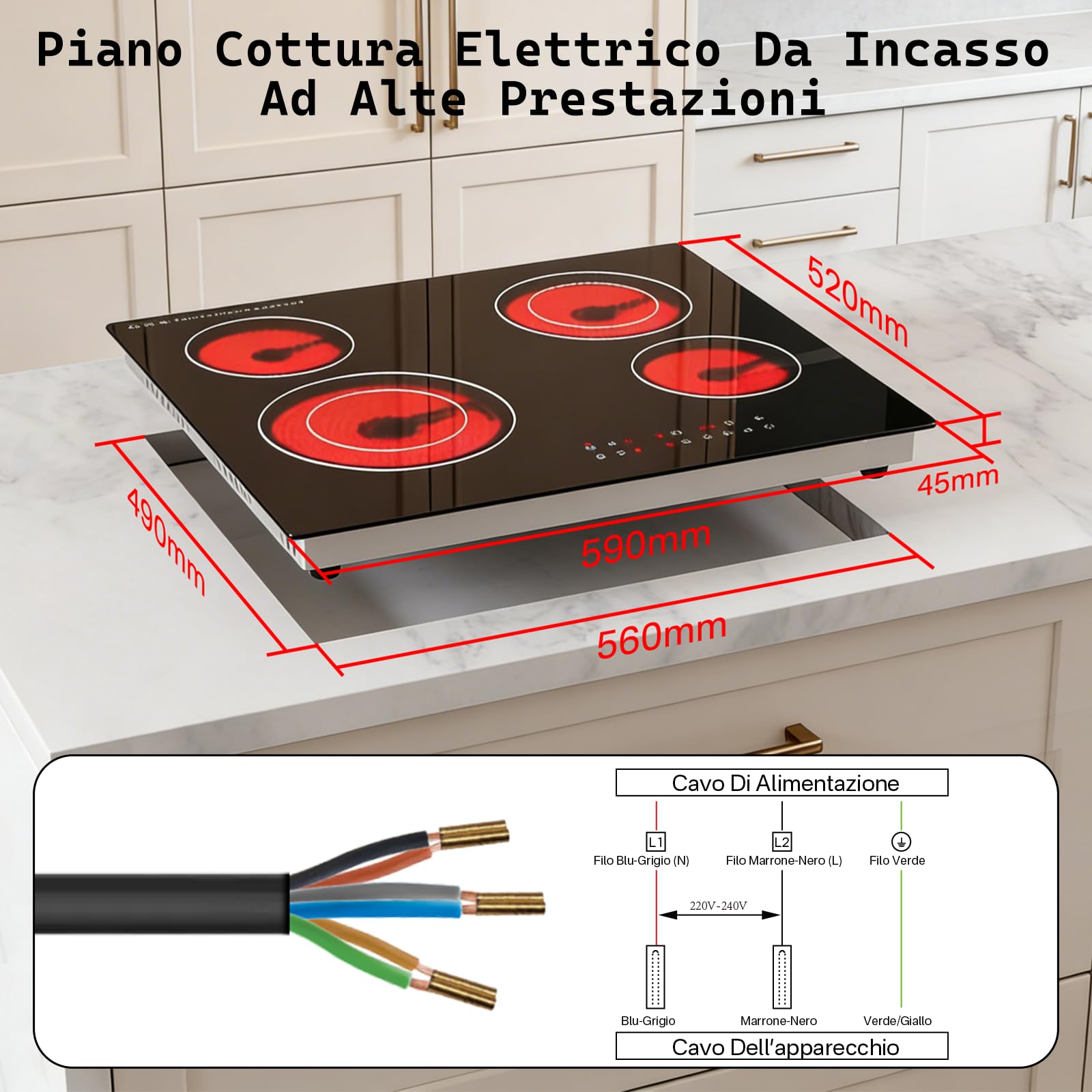 Piano Cottura Elettrico 60cm Da Incasso, Fornello Elettrico 4 Zone 6000W Con Timer, 9 Livelli Di Potenza, Blocco Di Sicurezza, Controllo Touch In Vetro Nero, Piastra Elettrica