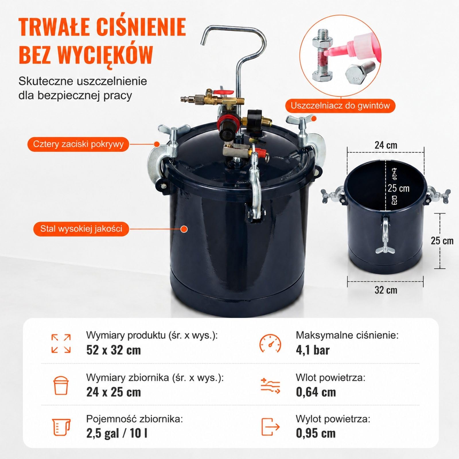 Zbiornik ciśnieniowy na farbę 10 L z pistoletem natryskowym, pojemnik do lakierów i bejc, 60 PSI