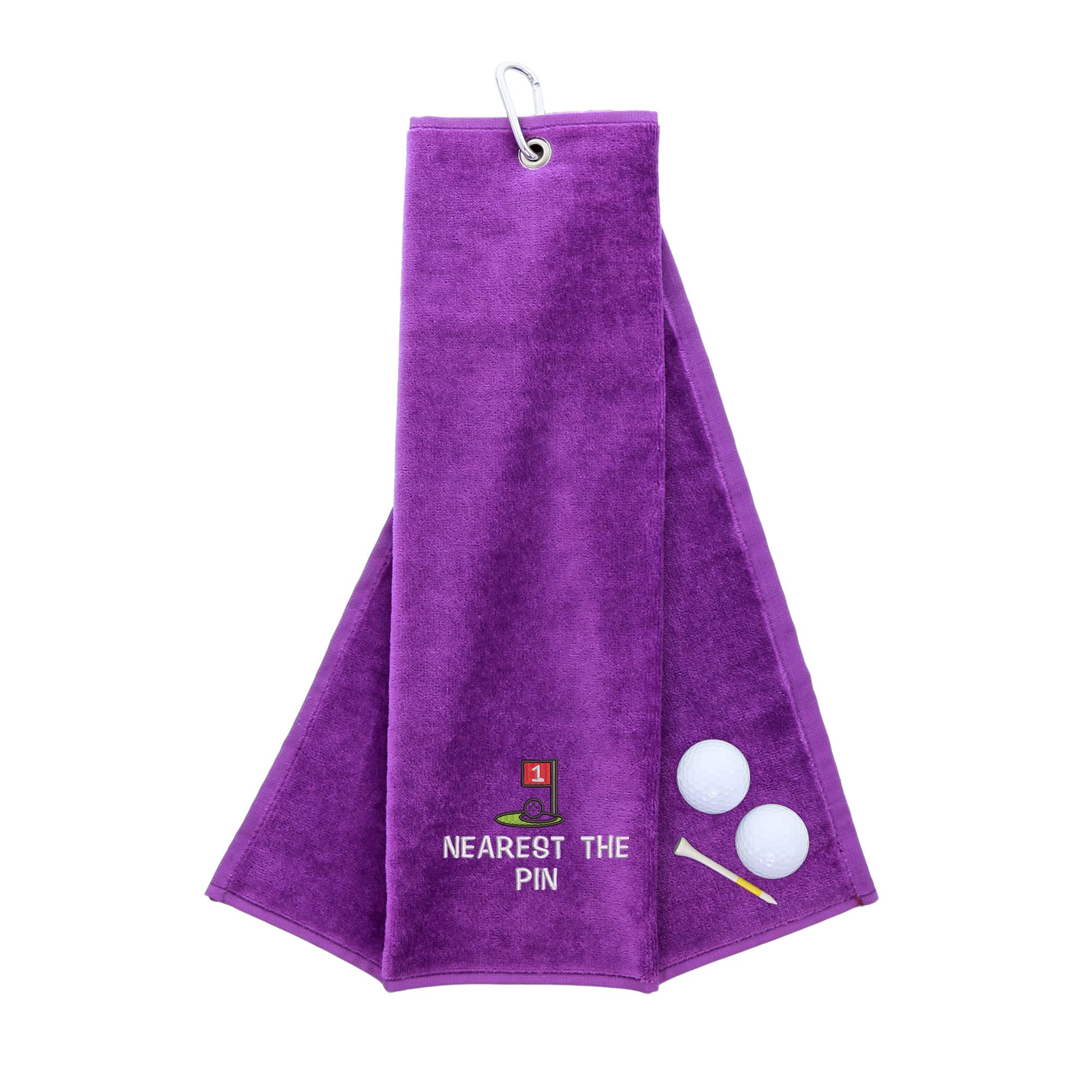 aztex Funny Trifold Golf Towel Golf Gift for Men, Carabiner Clip for Golf Bags, Golf Present, Nearest The Pin, Purple