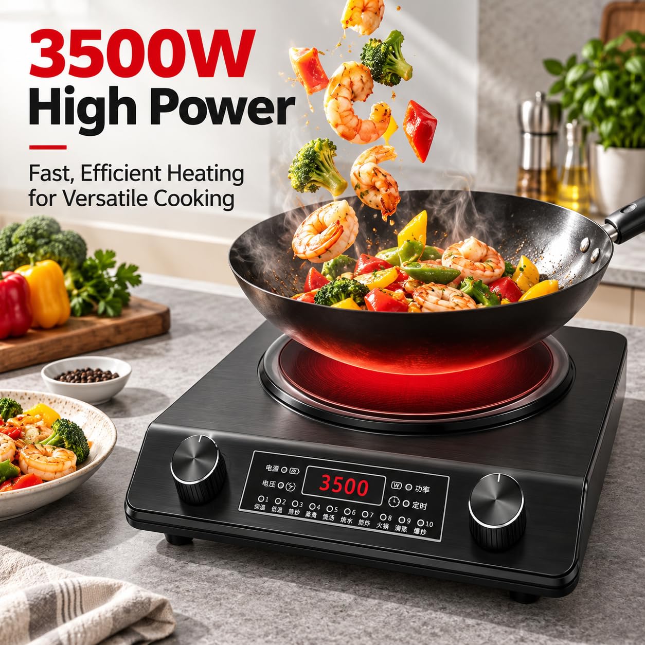 Plaque de cuisson à induction portable 3500 W avec design wok concave et 10