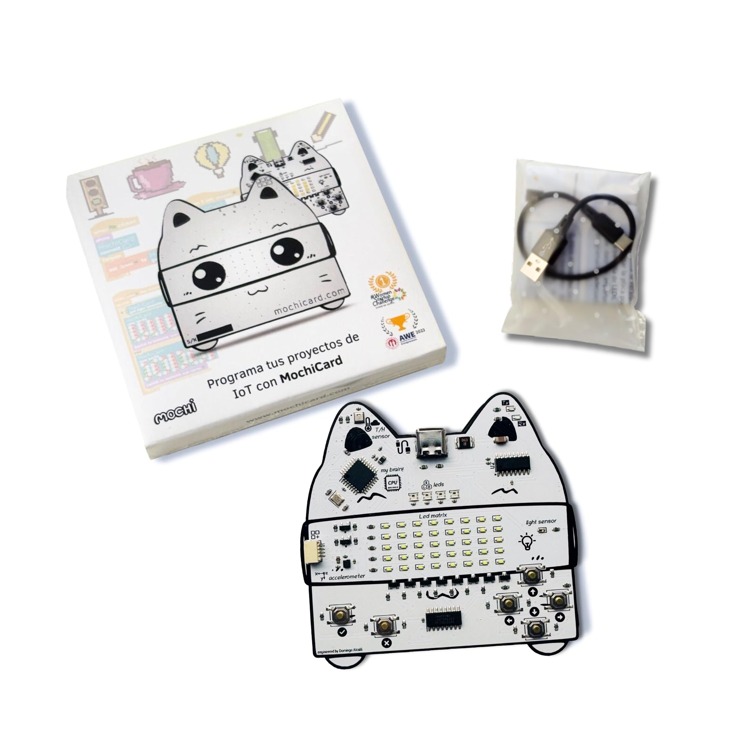 MochiCard - Placa Programable Educativa (Sensor Temperatura, Matriz de Leds, RGB, Luminosidad, Humedad, Acelerómetro) Kit básico de iniciación al IOT, Robótica y Programación