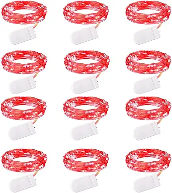Brightown 12 Pack LED Fairy Lights, Waterproof, Red, 7 Feet, 20 LEDs, Battery Operated, Flexible Silver Wire, Safe, Energy Saving, Long-Lasting, Indoor and Outdoor Use