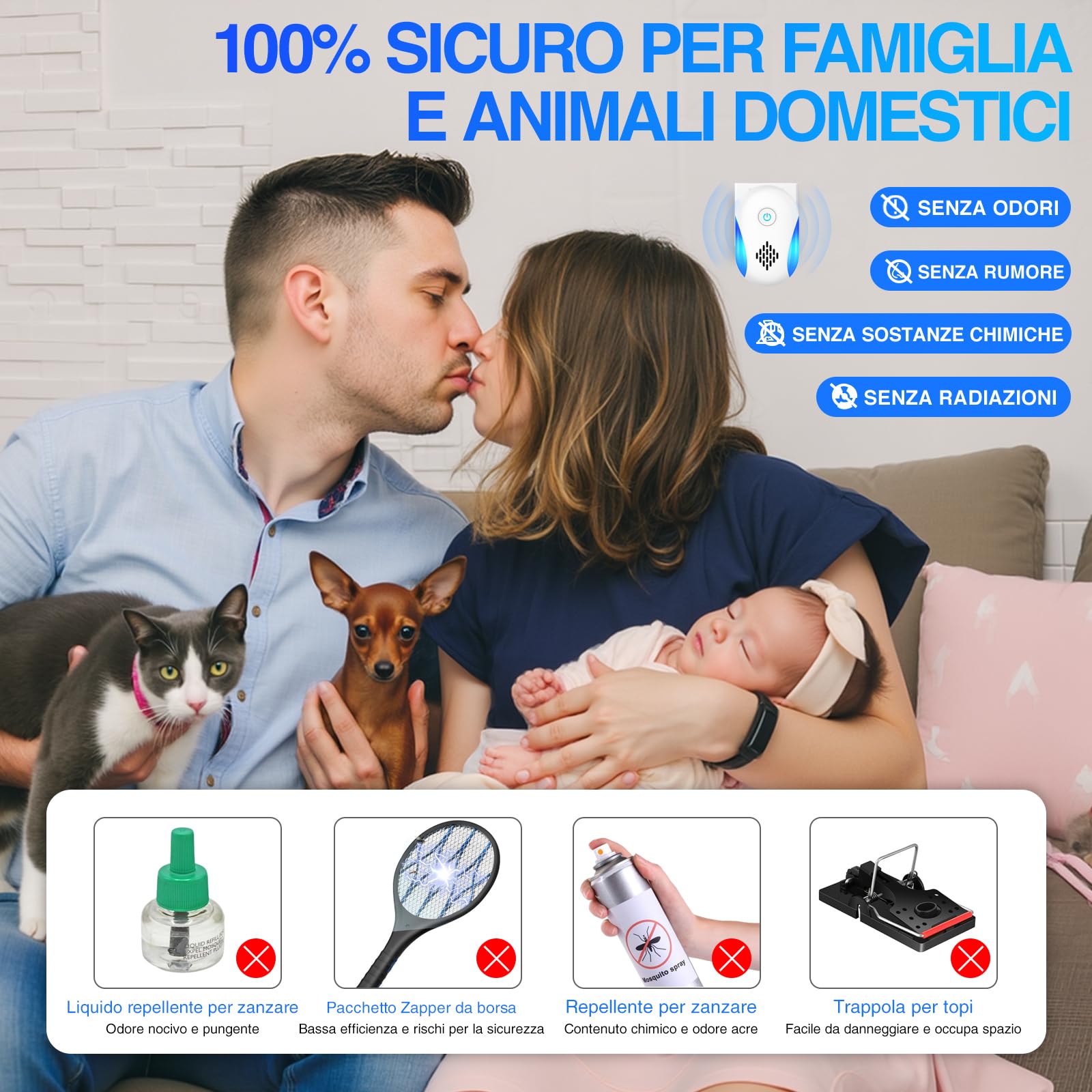 Ultrasuoni per Topi da Interno 4 Pezzi - Dissuasore Ratti, Insetti, Zanzare, Scarafaggi, Formiche e Ragni - Tecnologia Ultrasuoni Silenziosa, Sicura e Non Tossica - Copertura Fino a 200 m²