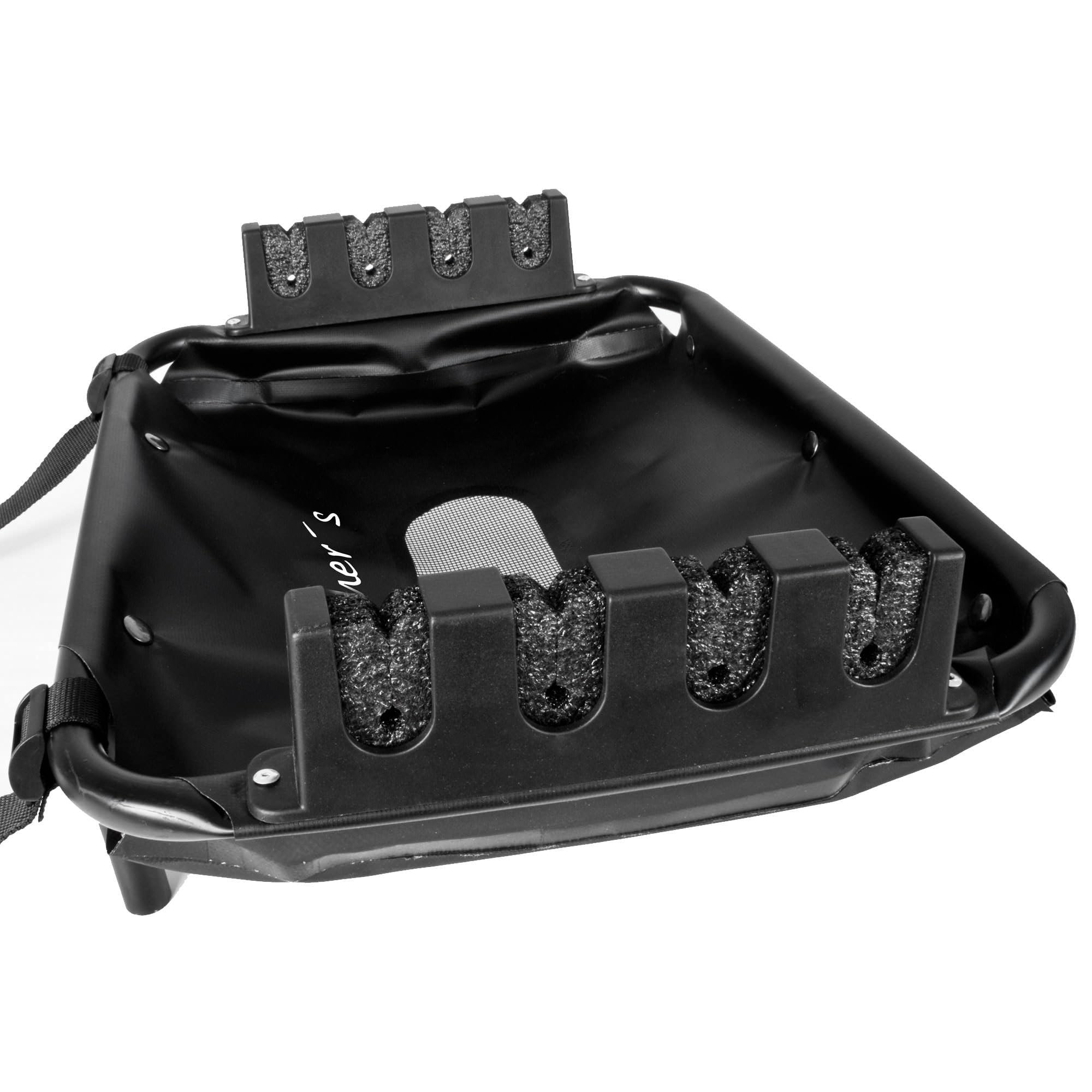 Roy Fishers Belly Boat Rutenhalter & Seitentisch, 49,5x37cm | Ablagetablett für bis zu 4 Ruten, Aluminium-Rahmen mit Drainagenetz, Universelle Befestigung für D-Ringe, Belly Boot Zubehör