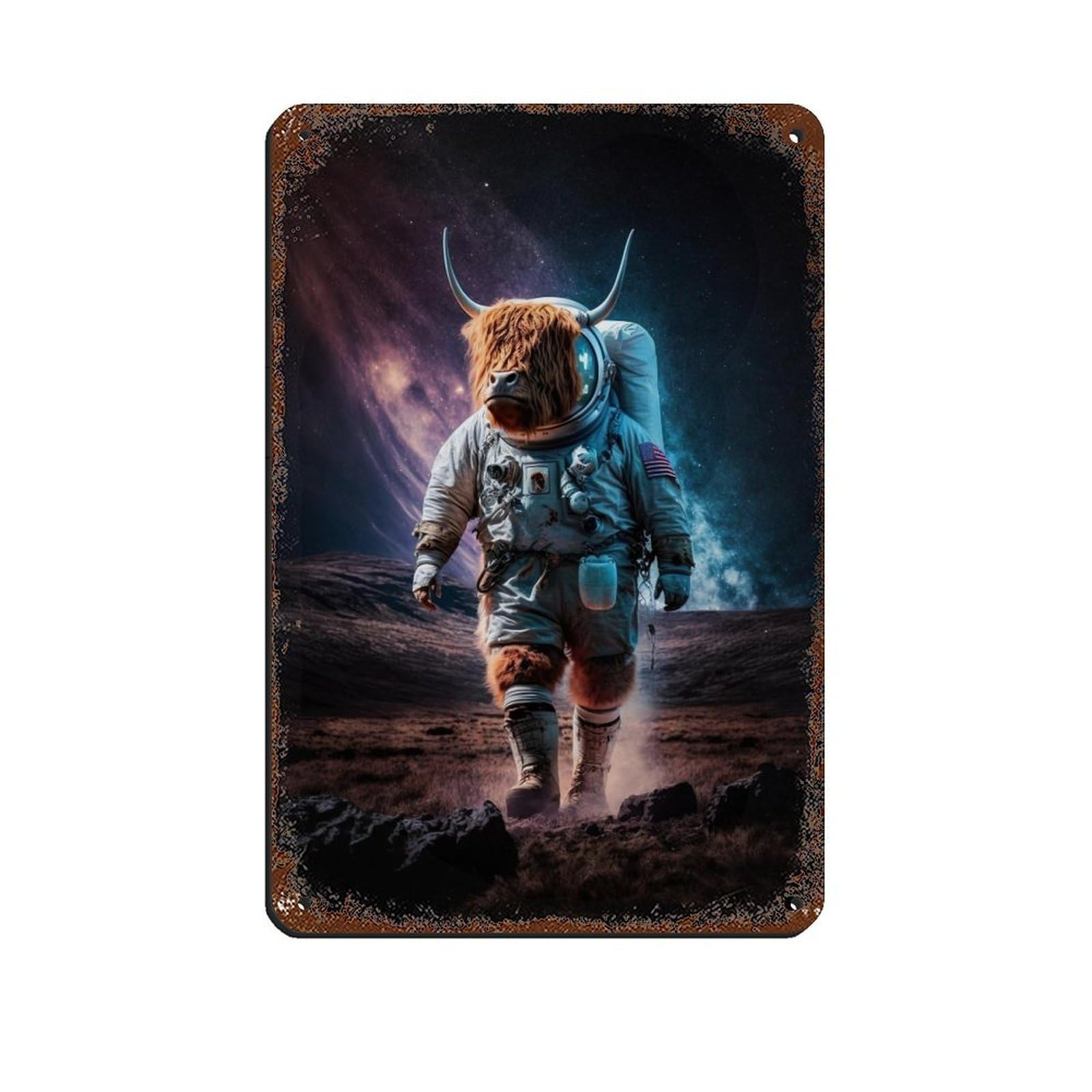 Lxwnze 20L X 30W Cm Astronaut Highland Cow, Futuristic Animal（3） Tin Sign Vintage Metal Pub Club Cafe Bar Home Wall Art Decoration Poster Retro 8X12inch(20X30cm)