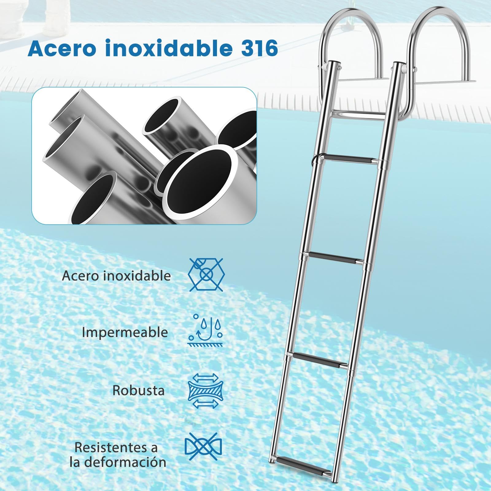 SOARS Escalera Plegable de Acero Inoxidable - 4 Peldaños, Telescópica con Pasamanos y Pisos Antideslizantes - Capacidad 227 kg - Ideal para Barcos, Baños y Cubiertas, Fijación Trasera de la Escalera