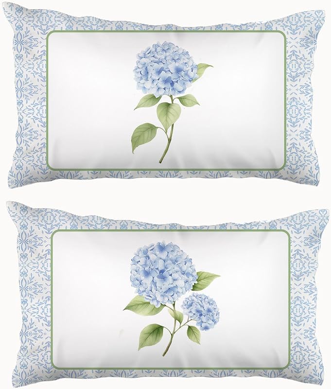 Summer Hydrangea Throw Pillow Cover 12x20 Set of 2 | Room Decor Aesthetic,Cottagecore Flowers Botanical Lumbar Pillow Covers for Bedroom College Dorm Living Room Home Sofa Couch