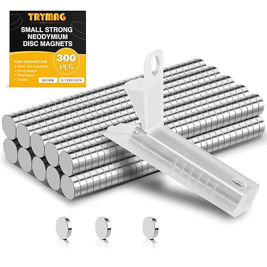 TRYMAG 3x1mm 300Pcs Tiny Round Disc Office Magnets, Mini Rare Earth Small Fridge Magnets for Whiteboard, Crafts, DIY, Hobbies, Dry Erase Board