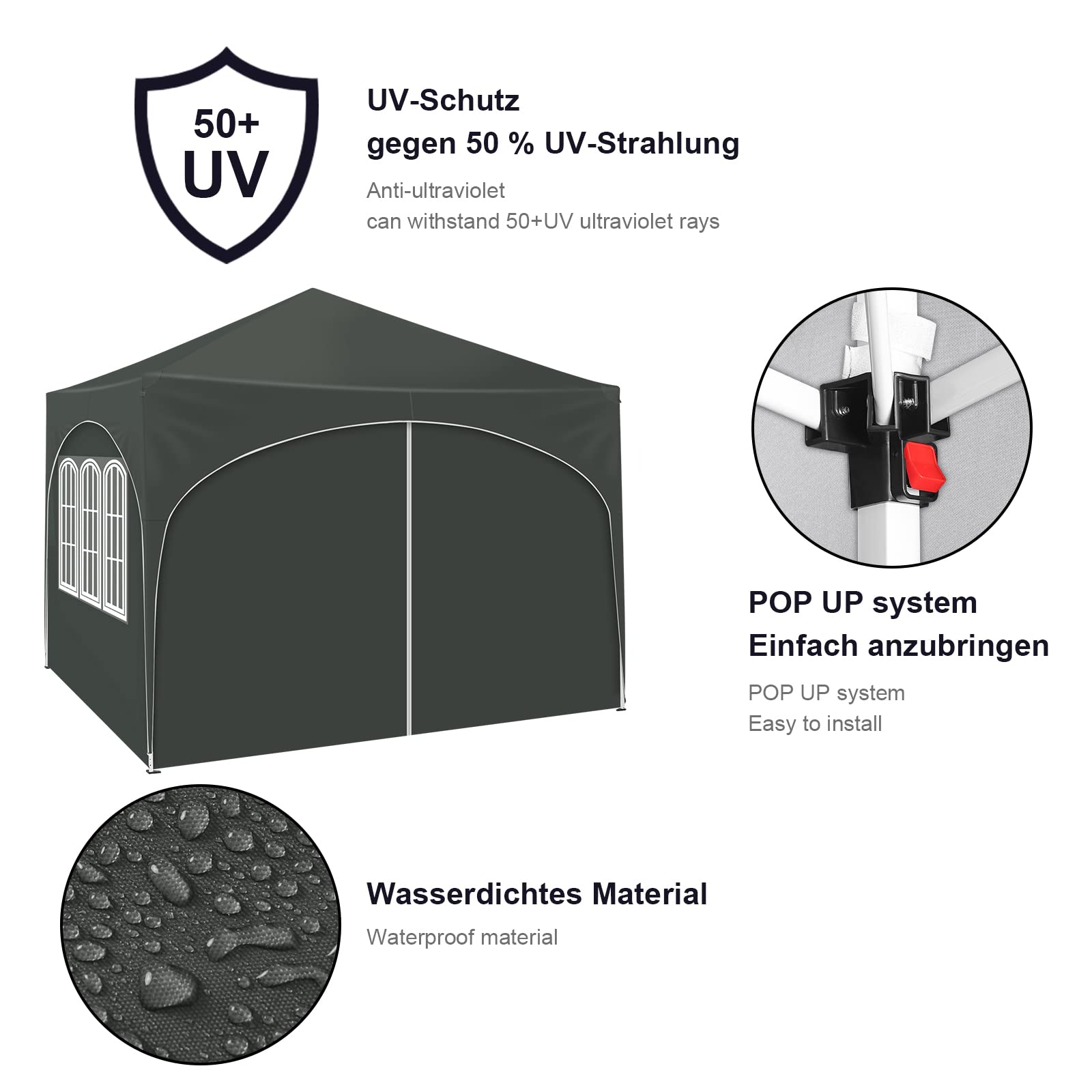 WOLTU Pabellón de Jardín Cenador Plegable Pérgola con Techo Carpa para Exteriores de Tela Oxford, 3x3 m, con Paredes Laterales Altura Ajustable para Camping y Playa,Gris