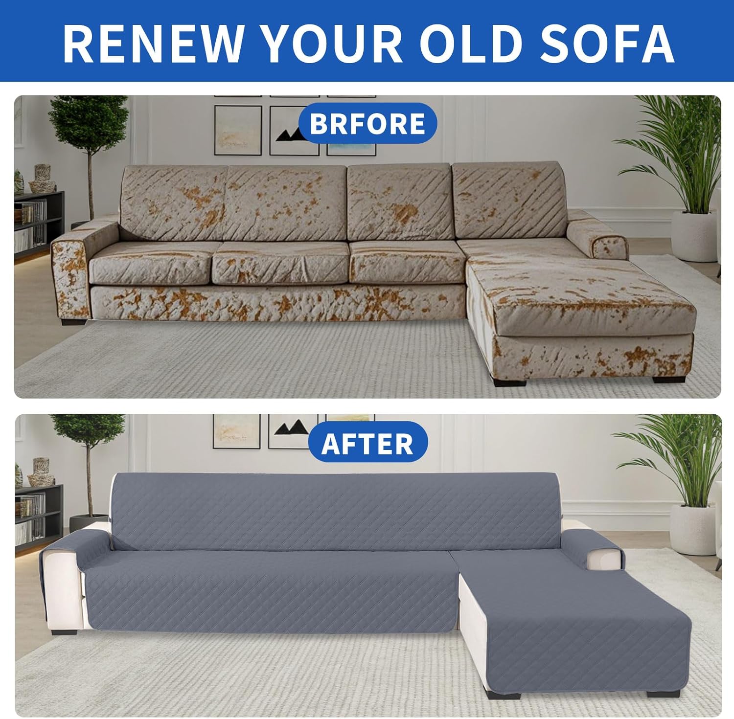 Waterproof Sectional Couch Covers for Dogs, Reversible L Shaped Couch Cover, Sectional Couch Covers L Shape for Pets Dog Cat, Quilted Sofa Covers Washable Sectional (Large, Dark Grey)