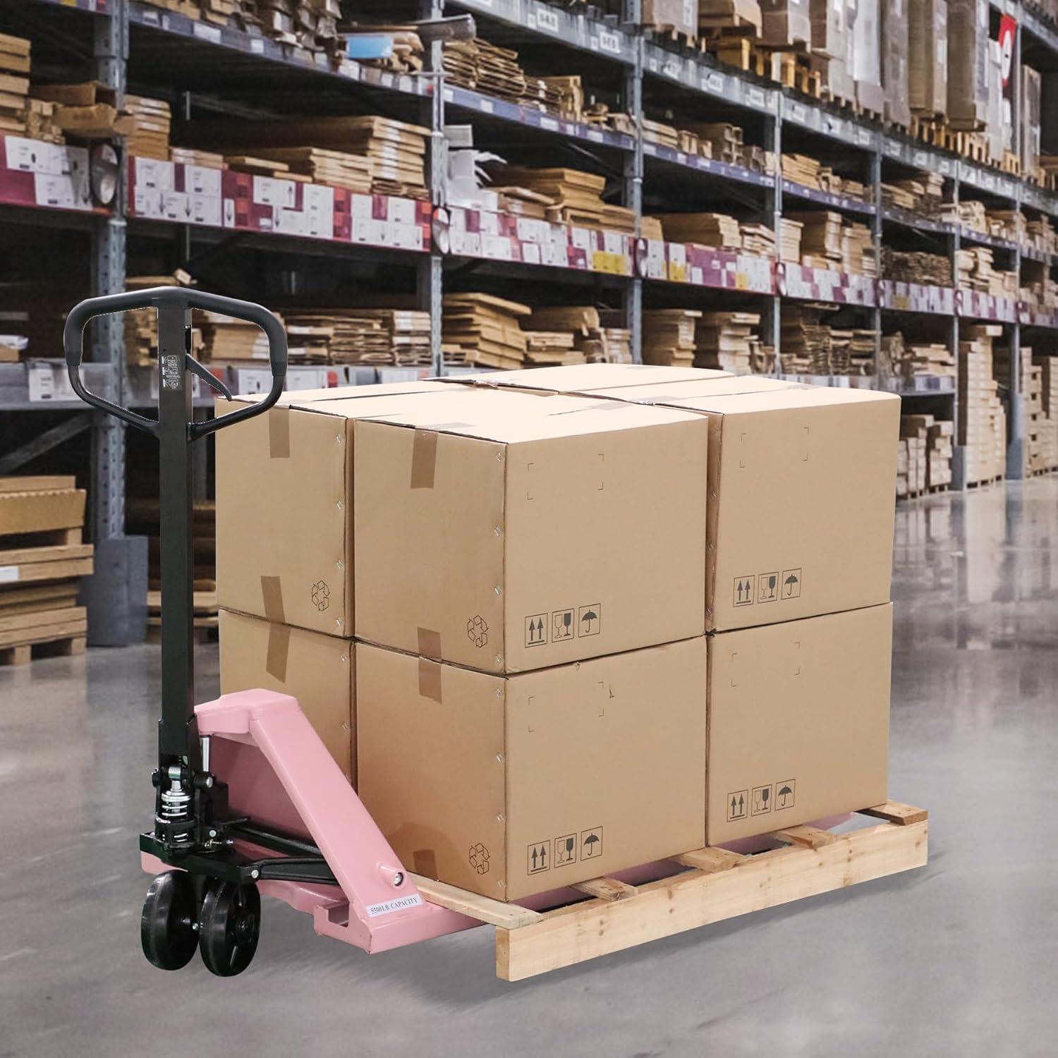 Pallet Jack moving boxes on a pallet in a warehouse