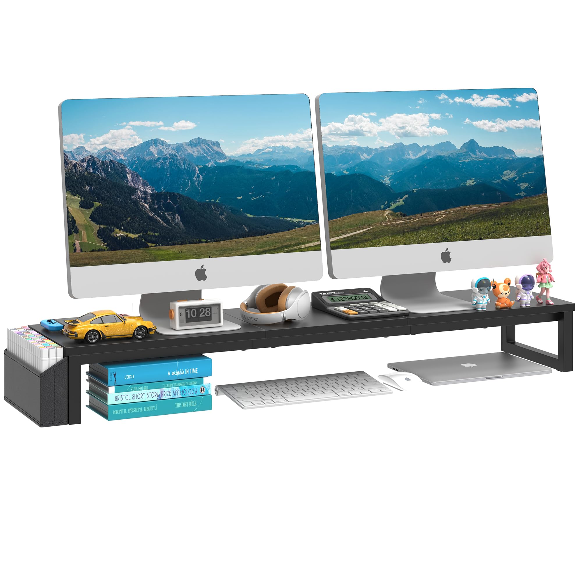 LAND·VOI Dual Monitor Stand Riser,41.5'' Long Monitor Stand for 2 Monitors, Wood and Steel Computer Monitor Stand, Desktop Oraganizer with Pen Holder, Monitor Riser for Desk Computer,Laptop,TV, Black