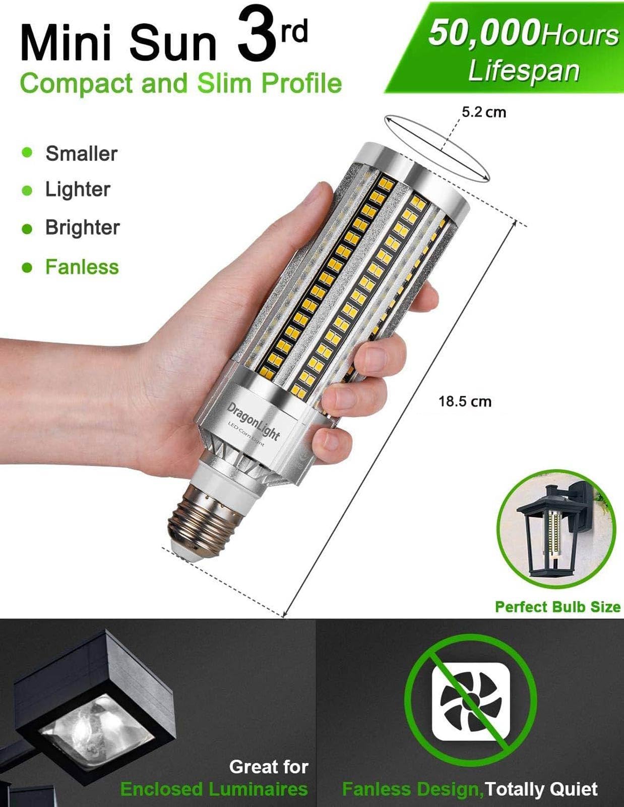 Bombilla LED de 60W, superbrillante, sin ventilador, (equivalente a 500W) – Bombilla LED E27 con adaptador E40 –6000K blanco frío 7,200 lúmenes para iluminación de zonas–Garaje taller–Luz de calle