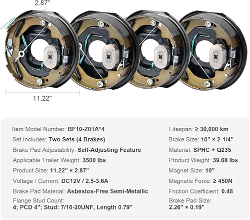 Miniatura 18 de VEVOR Conjunto de freno de remolque eléctrico, 10 x 2-1/4 pulgadas, 1 par de frenos eléctricos autoajustables para eje de 3500 libras, montaje de 4