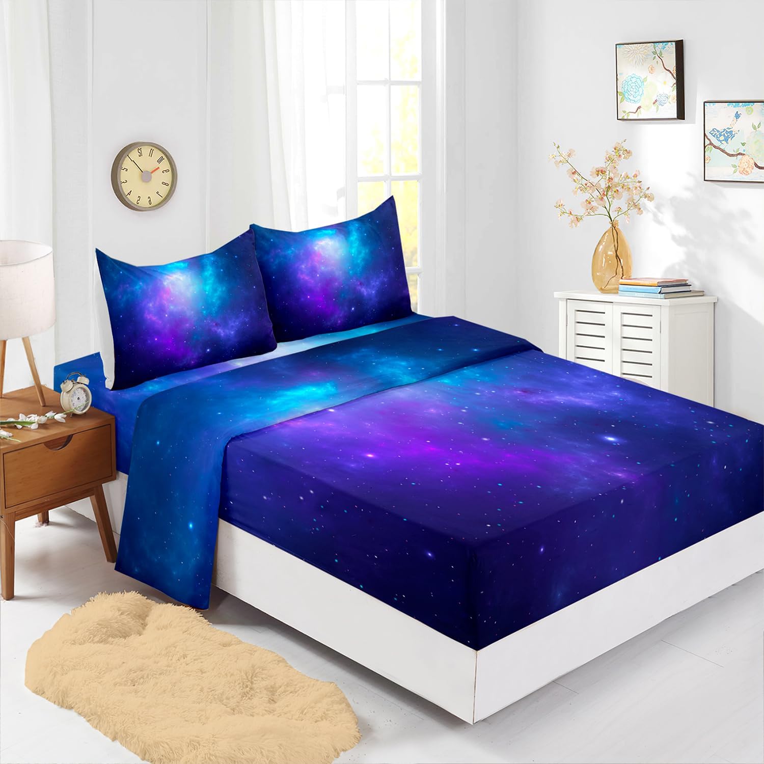 Blue Galaxy Fitted Sheet Set Twin 4Pcs Universe Outer Space Starry Sky Bedding Set for Kids Girls Psychedelic Space Night Pattern Quilt Bed Sheet Set + Flat Sheet + 2 Pillow Cases