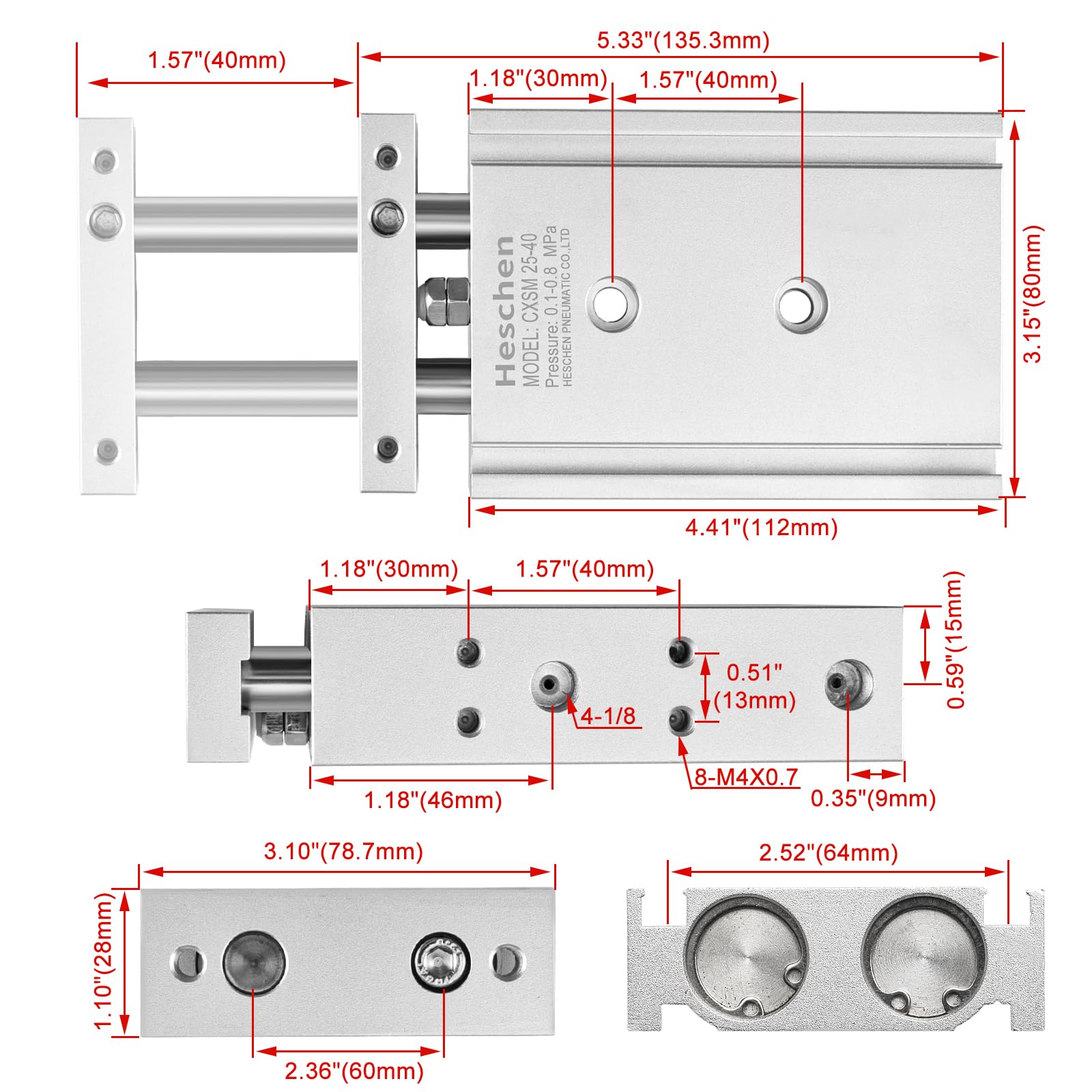 Heschen Doppelter Aluminium-Luftzylinder, CXSM 25-40, Führungsstangen-Platte, Doppelstabgeführt, Pneumatisches Gleitlager, Gepolstert, 25mm Bohrung, 40mm Hub, Doppelt Wirkend