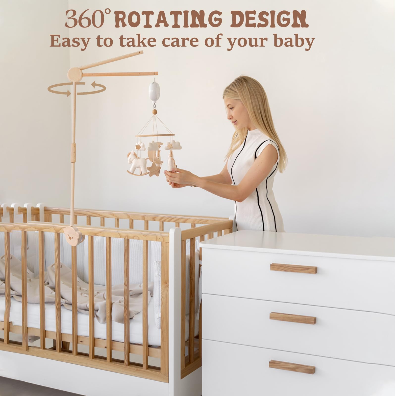 Mobiele houder van hout voor babybed, mobiele standaard, schattige berenvorm, 360 graden draaibaar, mobiele babyhanger, verstelbaar, afneembaar, voor ophanging, muziekdoos, bedbel, babybed, speelgoed