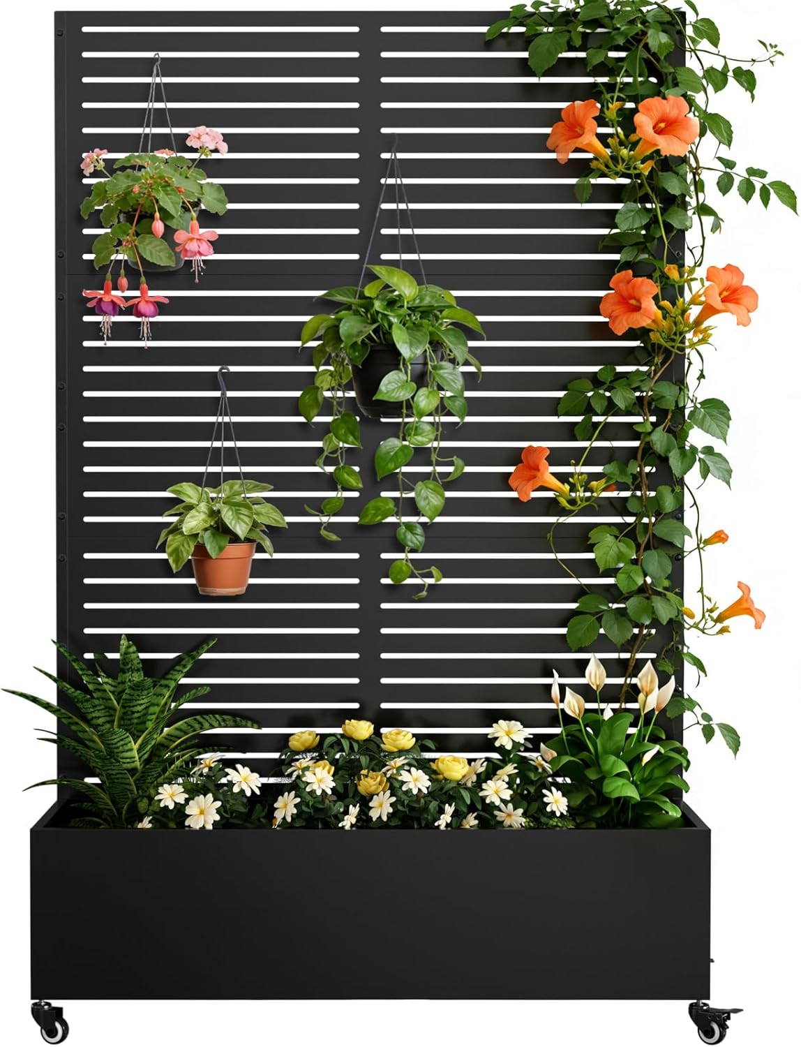 Metal Raised Garden Planter Bed, 72"x47"x16" Outdoor Planter Box with Trellis and Wheels for Climbing Plants, Vegetables & Vines, Features Drainage Holes and Privacy Screen (Black-Louvered)