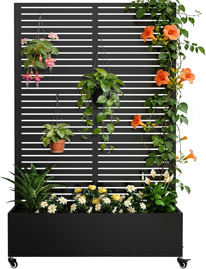 Baotree Metal Raised Garden Planter Bed, 72"x47"x16" Outdoor Planter Box with Trellis and Wheels for Climbing Plants, Vegetables & Vines, Features Drainage Holes and Privacy Screen (Black-Louvered)