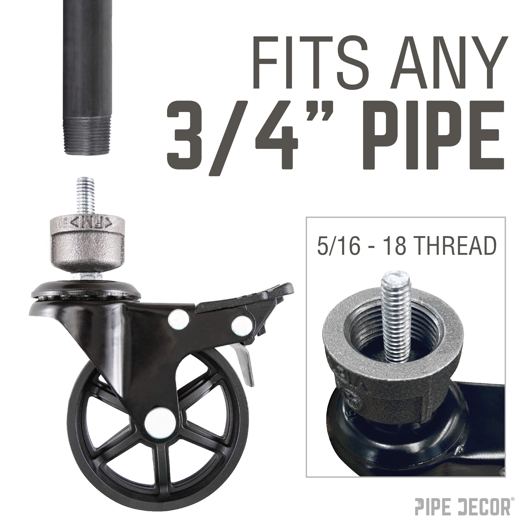 Pipe Casters - 4 Pack for ¾” Pipe -8 Pipe Casters - 4 Pack for ¾” Pipe -8