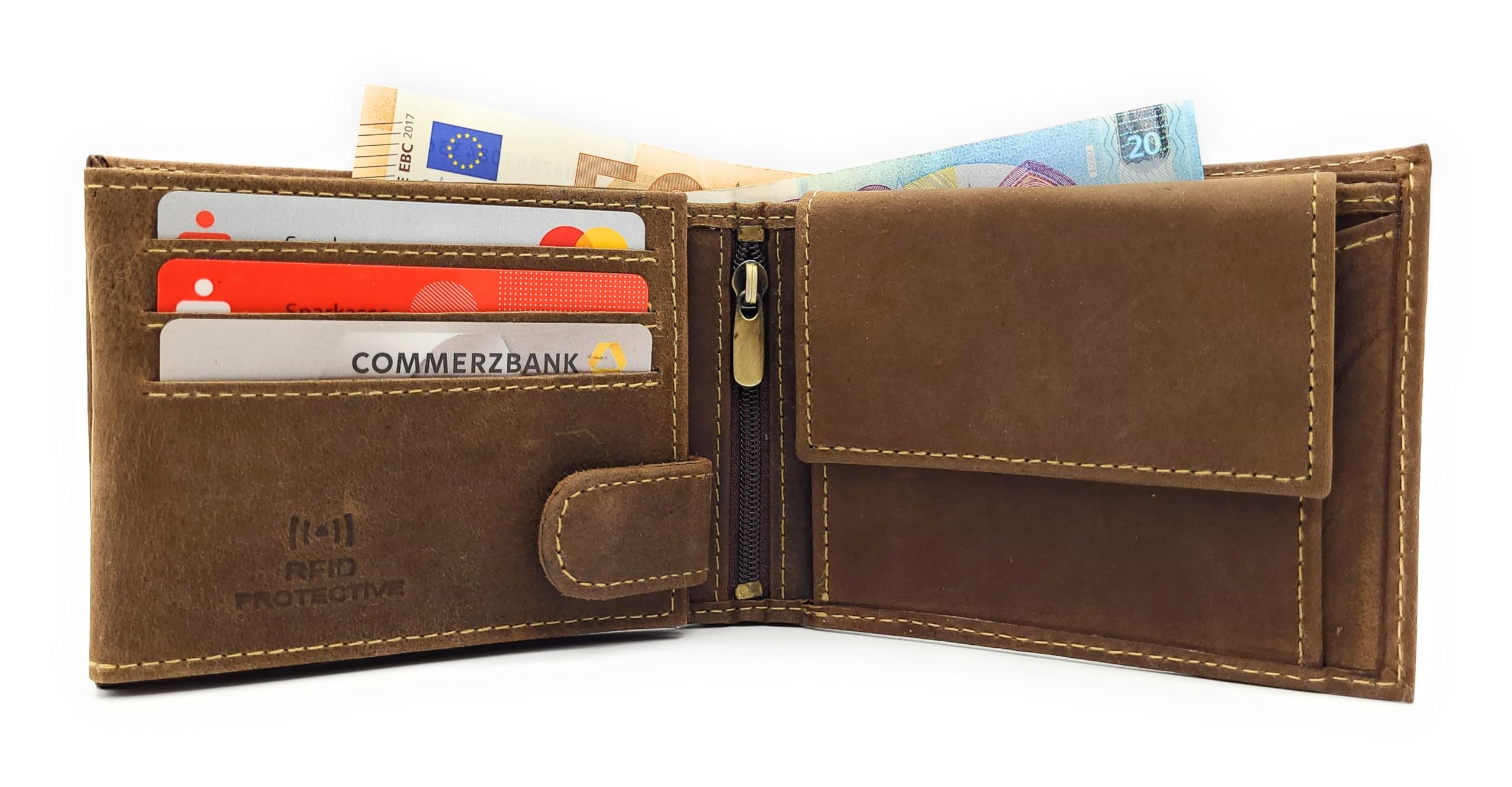 Portafoglio da uomo in vera pelle marrone scuro con motivo in rilievo, protezione RFID, portafoglio compatto con scomparti per carte di credito, portamonete e confezione regalo, Cacciatore con