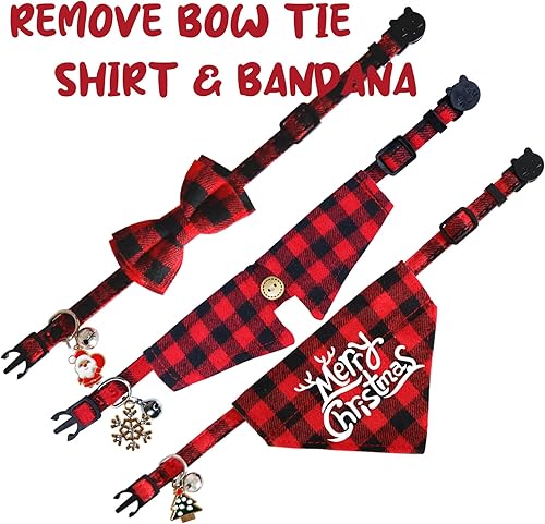 Miniatura 3 de STMK Paquete de 3 collares de gato de Navidad con campana, collares de gato de Navidad con corbatín, bandana, camisa, campana, árbol de Navidad,