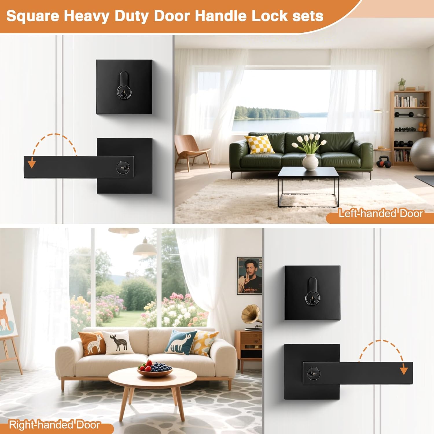 Probrico Square Entry Levers and Single Cylinder Deadbolts Combo Pack, Flat Black Keyed Alike Heavy Duty Keyed Entry Handles Locksets Reversible for Right and Left Side, 2 Pack(All Same Keys)