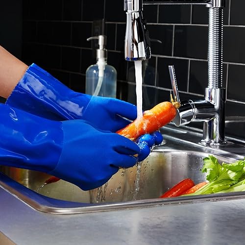 Miniatura 3 de 2 pares de guantes de goma para limpieza del hogar para lavar platos en la cocina, forrados de algodón (azul)