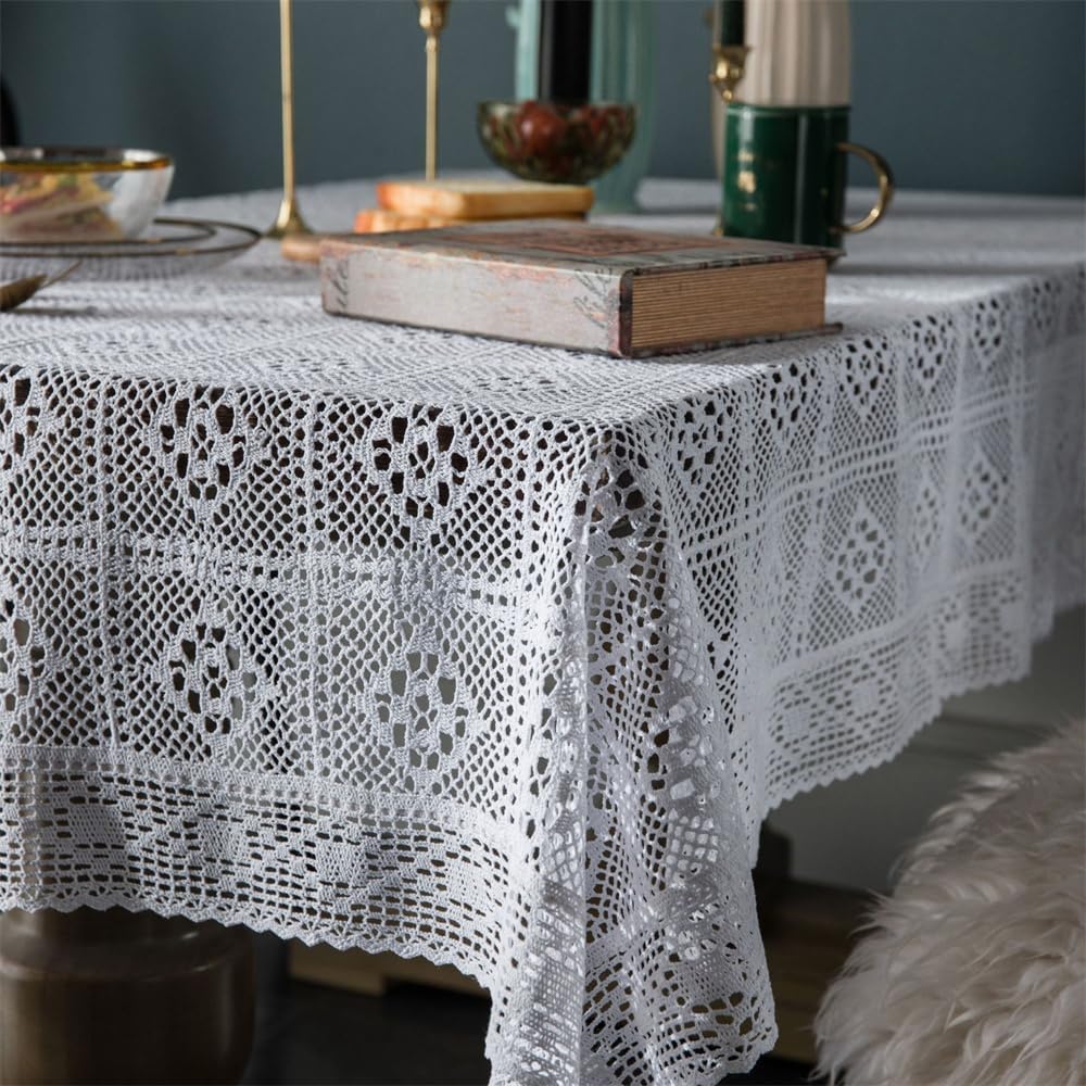 Weiße gehäkelte Deckchen Rechteckige Tischdecken Vintage Spitze Handgefertigte Baumwoll-Tischdecken für Hochzeit, Party, Zuhause, Geburtstag, Küche, Dekoration