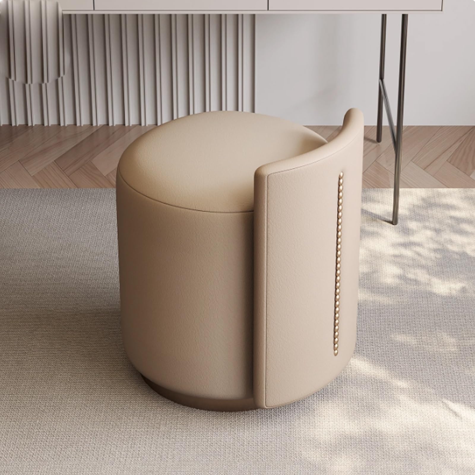 Modern 360° Swivel Vanity Stool for Makeup Room Low Back Design Perfect for Living Bedroom Entryway Stylish Pu+Cloth Material,One Size(B-Khaki)
