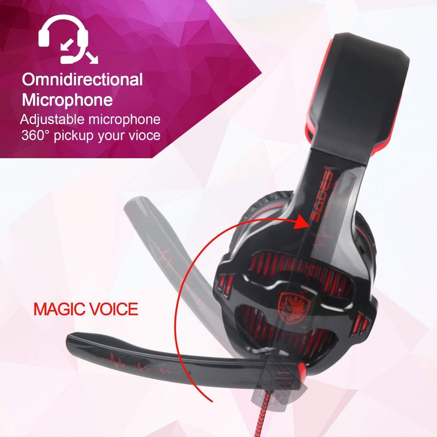 SA822T Stereo Gaming Headset for Xbox One,PS4,PC,Controller,Surround Sound Soft Earmuffs Over-Ear Headphones with Noise Cancelling Mic,USB LED Lights,Volume Control for Laptop,Mac,Phone,Nintendo