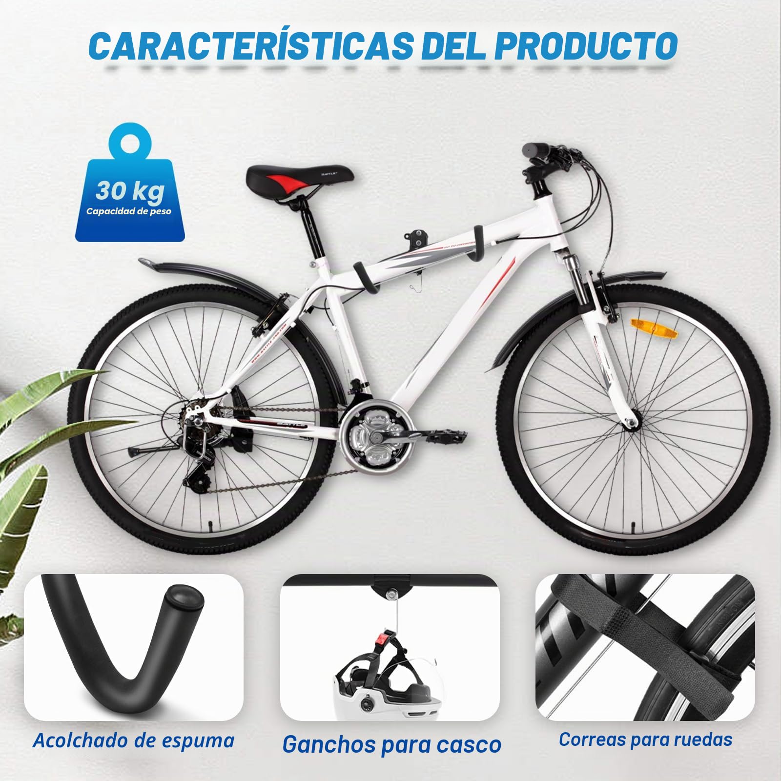 Soporte de Pared para Bicicleta, Plegable Colgador Bicicleta Pared con Gancho para Casco, Espuma Acolchada Capacidad de 30Kg Distancia Ajustables Colgar Bicicletas Pared para Garaje, Interior