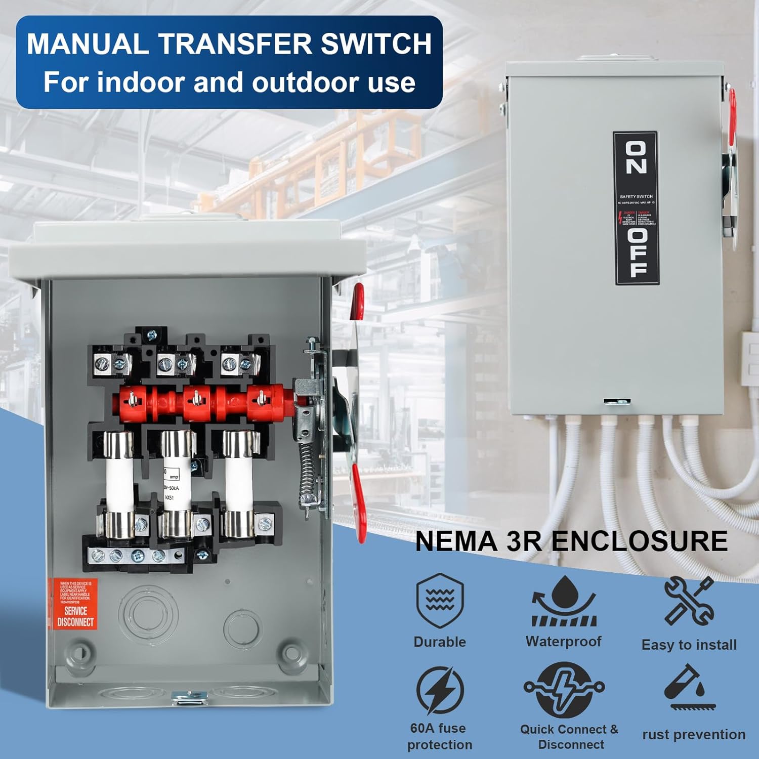 3P 60Amp 240V 3 Wire Fusible Heavy Duty Safety Switches，Ac Disconnect Switches Box，Quick Disconnect Safety Switch，Equipped with Fuses
