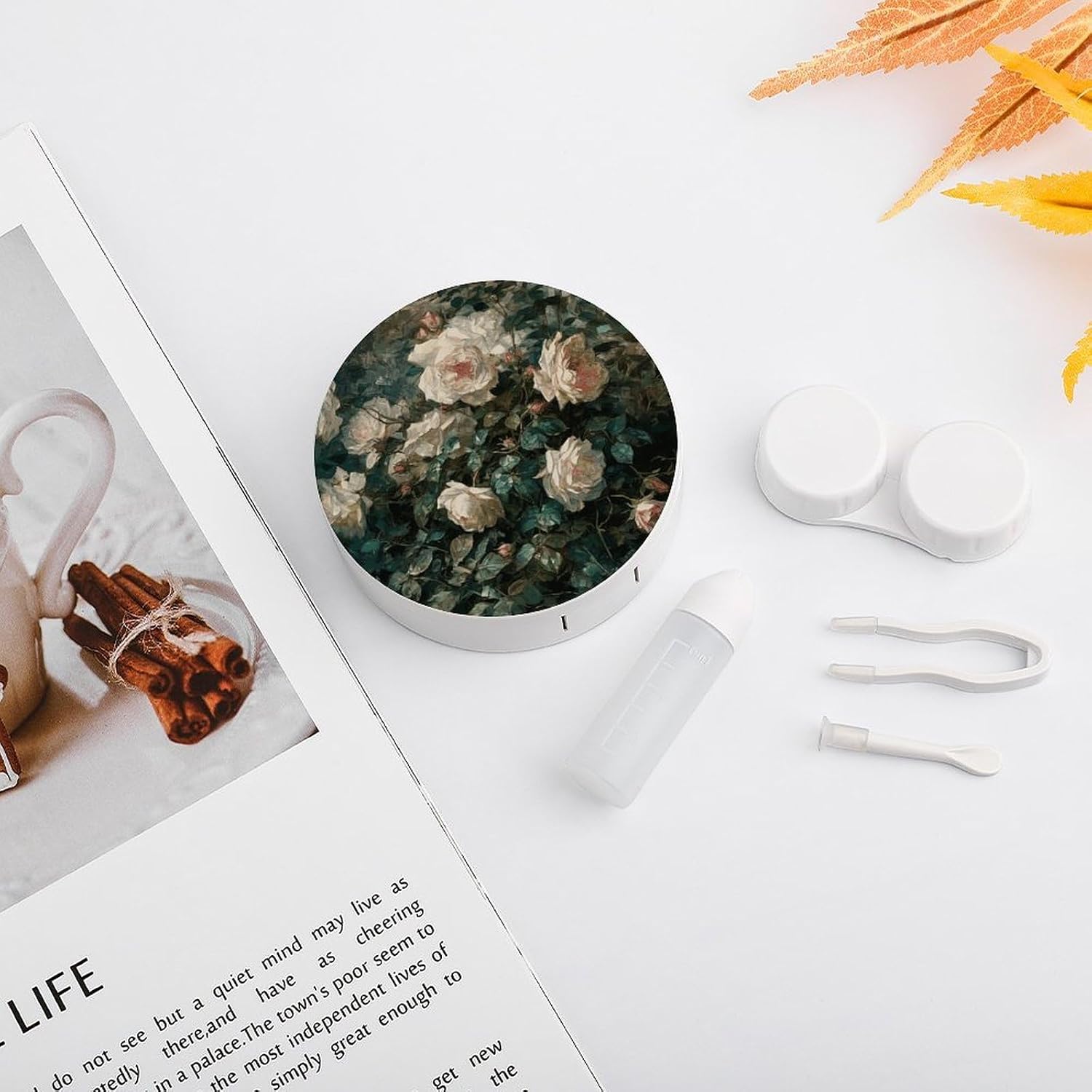 Roses Print Contact Lens Case Portable Contact Case Soak Storage Kit Cute Contact Lens Solution Bottle with Mirror Tweezers Solution Soaking Cases for Daily Travel Outdoor Use