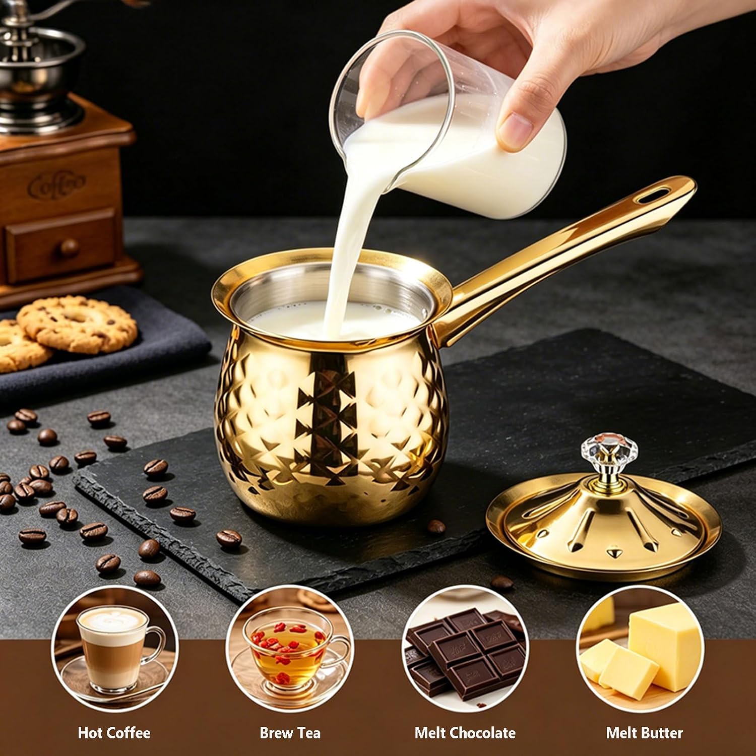 Stainless Steel Turkish Coffee Pot, Cezve Ibrik Stovetop Maker, Butter Warmer & Chai Pot for Family, 20oz / 600ml, Gold