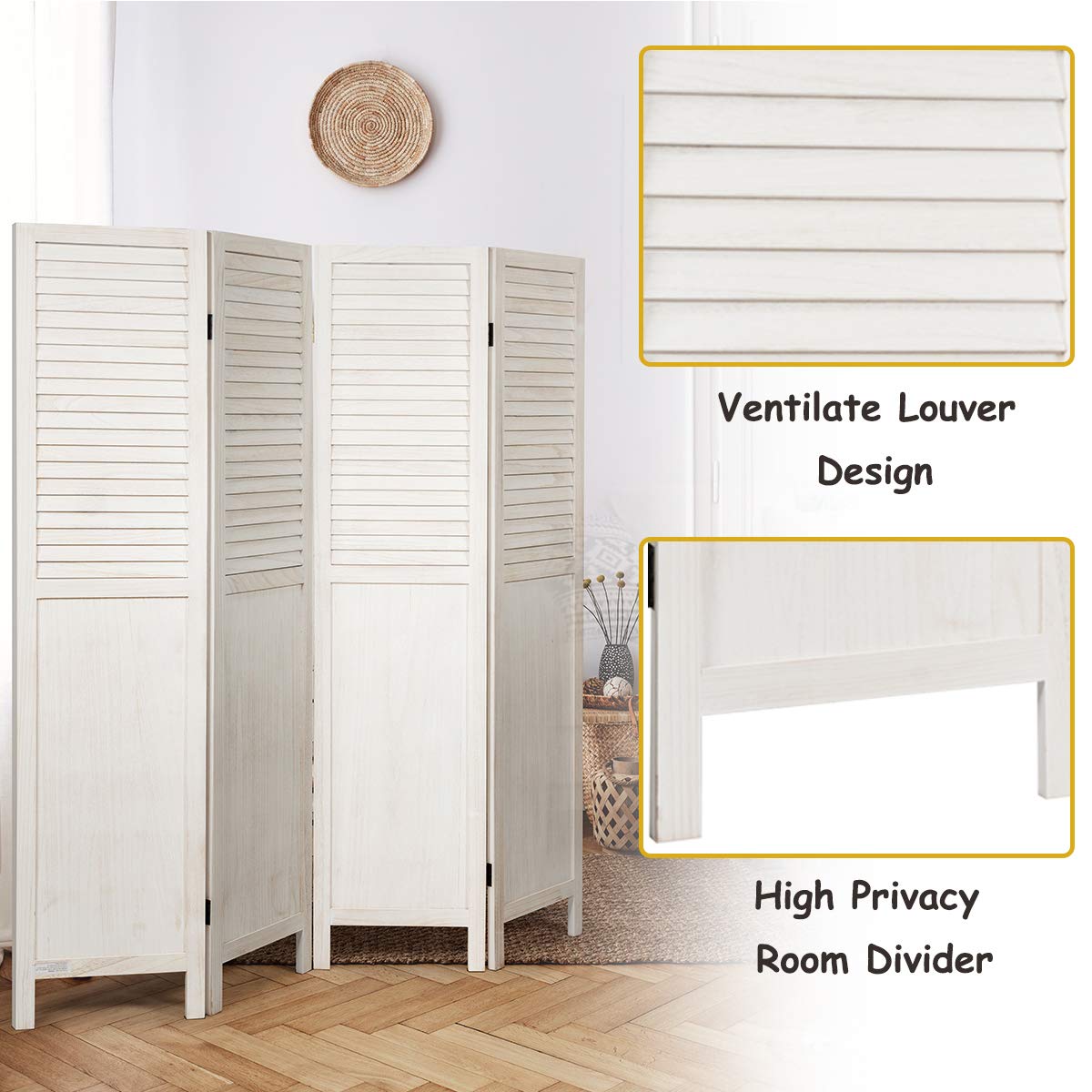 Giantex 4 Panel 5.6 ft Wooden Room Divider, Portable Partition Screen