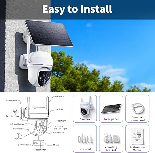 Miniatura 9 de Cámaras de seguridad solares inalámbricas para exteriores, 3MP 360 View Cámaras WiFi alimentadas por batería solar con detección de movimiento