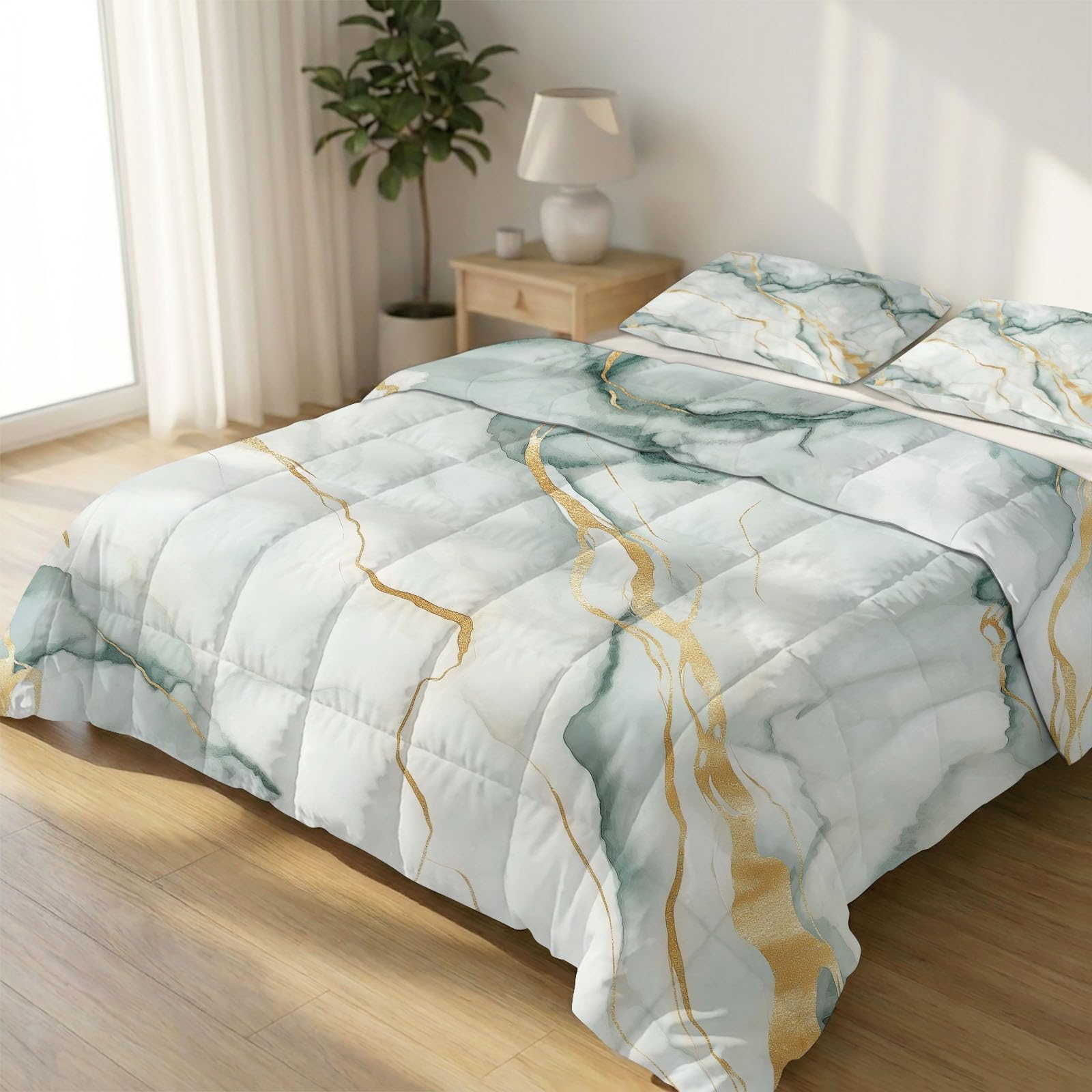 Edredón suave y transpirable lavable de textura dorada y acuarela mármol 220x240cm